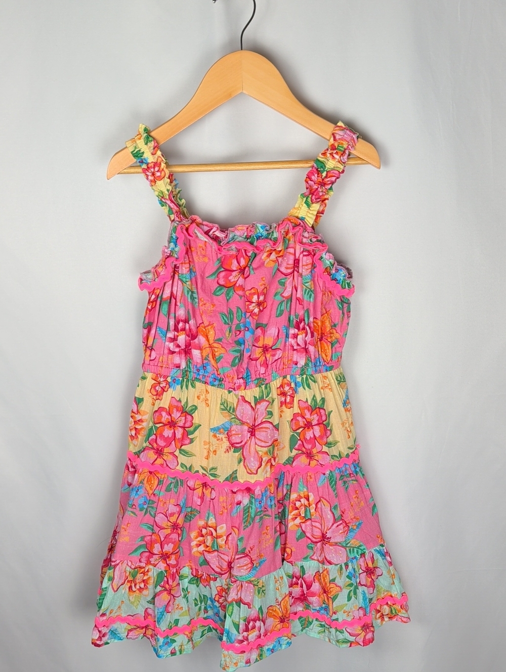 Monsoon Girls' Tropical Flower Print Scallop Trim Dress Pink 5/6 UK